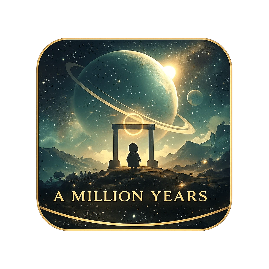 A Million Years logo, a project by Chris Zemmel: a framed tile showing a ringed planet over a ruined arch
