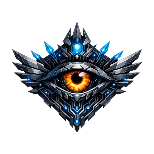 Panoptes logo, a project by Chris Zemmel: an orange eye in a silver, armoured crest
